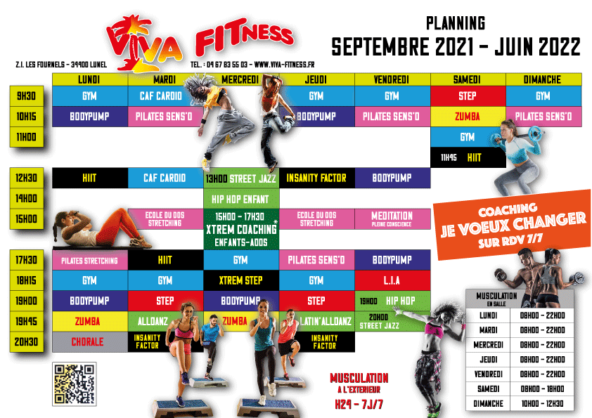 Les horaires des cours fitness pilates danses et musculation de la salle de sport Viva Fitness Lunel