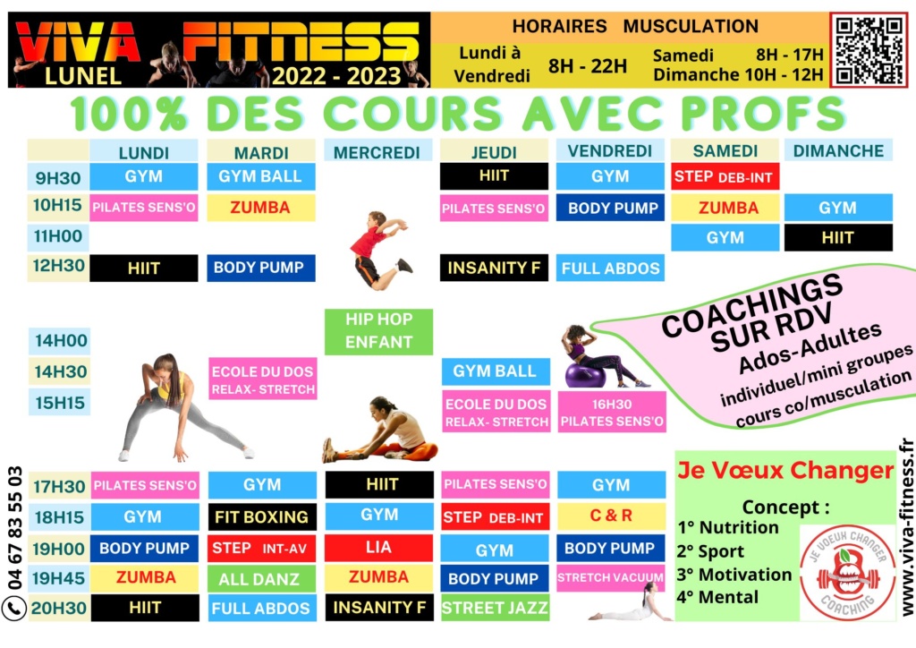 Planning et horaires Viva Fitness - 100% des cours sont avec profs